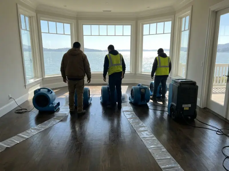 Commercial air movers and an LGR dehumidifier running on a wet floor in Belvedere Tiburon, California