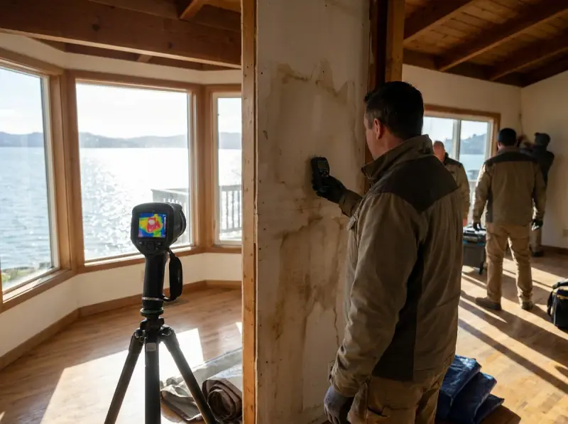 Technician taking a moisture meter reading on a water-damaged wall in Belvedere Tiburon, California