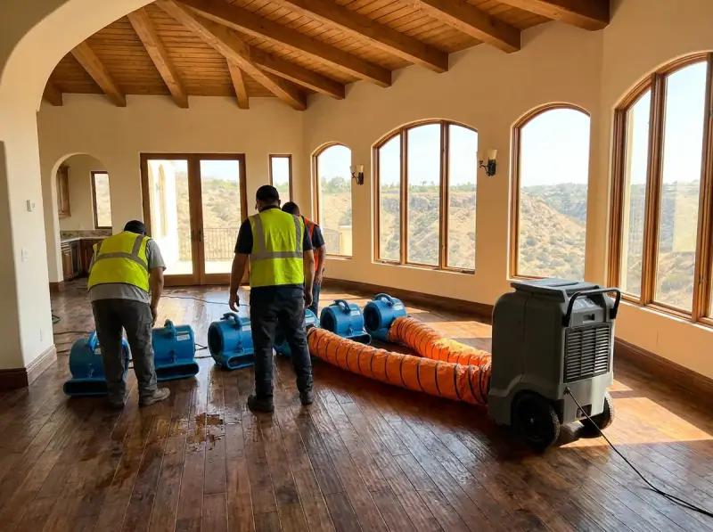 Commercial air movers and an LGR dehumidifier running on a wet floor in Calabasas, California