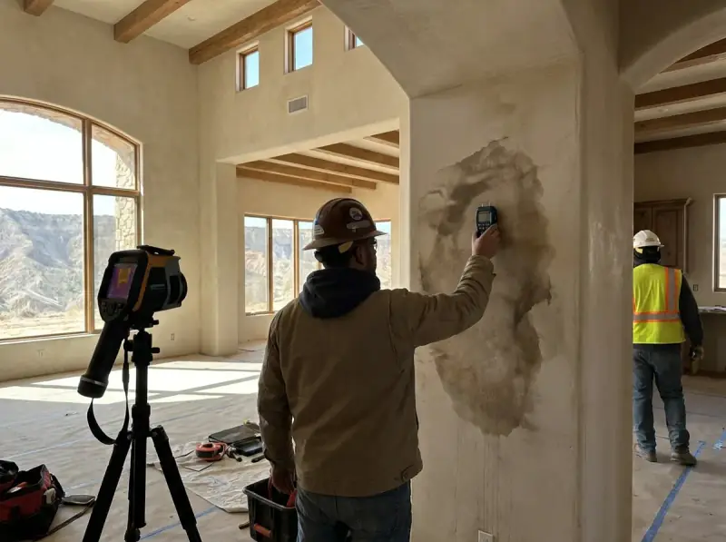Technician taking a moisture meter reading on a water-damaged wall in Calabasas, California