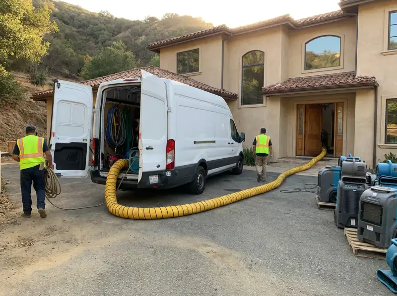 Restoration van staged with extraction hose run to the property in Calabasas, California