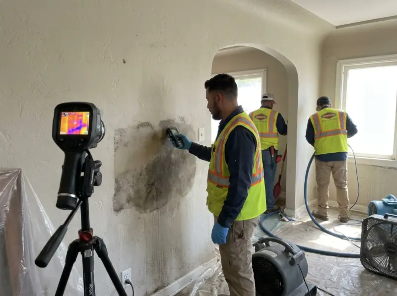 Technician taking a moisture meter reading on a water-damaged wall in Corona, California