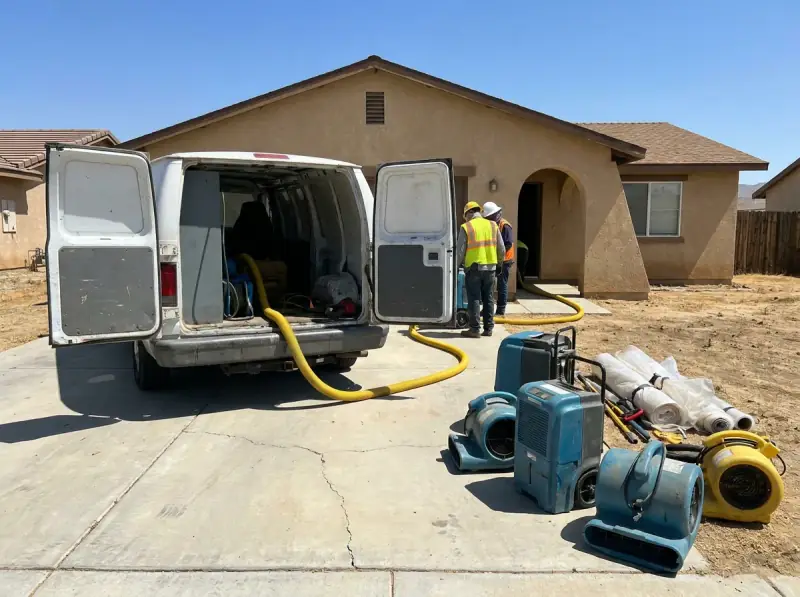 Restoration van staged with extraction hose run to the property in Corona, California
