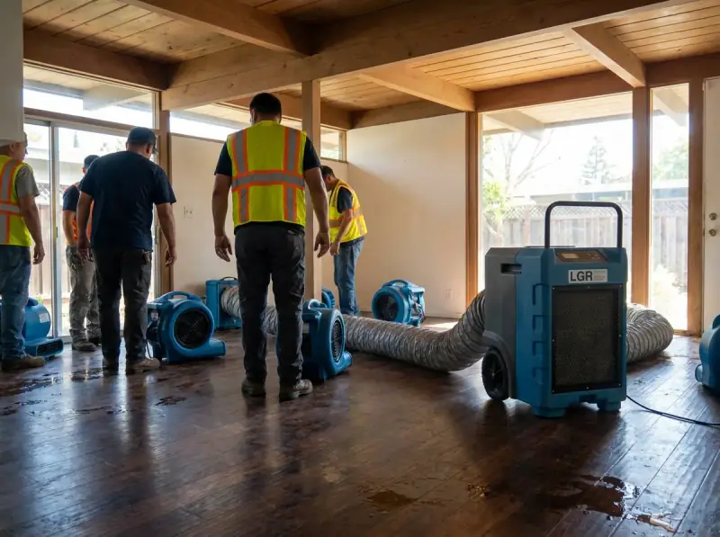 Commercial air movers and an LGR dehumidifier running on a wet floor in Cupertino, California