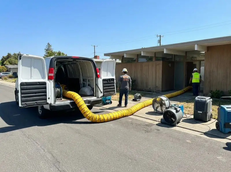 Restoration van staged with extraction hose run to the property in Cupertino, California