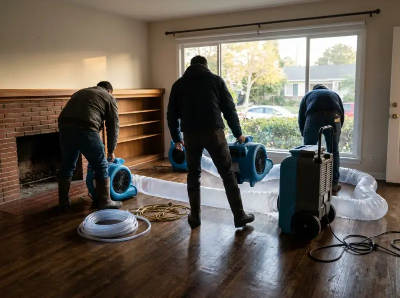 Commercial air movers and an LGR dehumidifier running on a wet floor in Downey, California