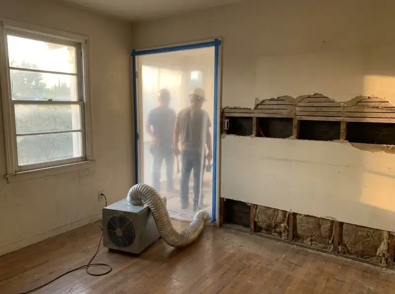 Plastic containment with a negative air machine and flood-cut drywall in Downey, California