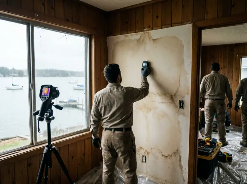 Technician taking a moisture meter reading on a water-damaged wall in Foster City, California