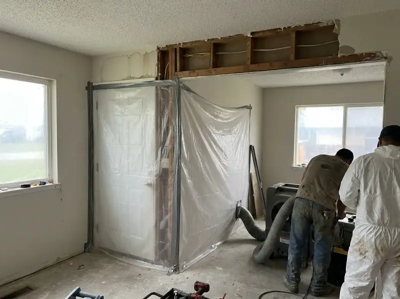 Plastic containment with a negative air machine and flood-cut drywall in Foster City, California