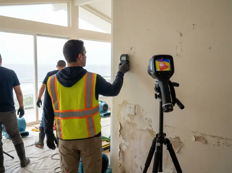 Technician taking a moisture meter reading on a water-damaged wall in Huntington Beach, California