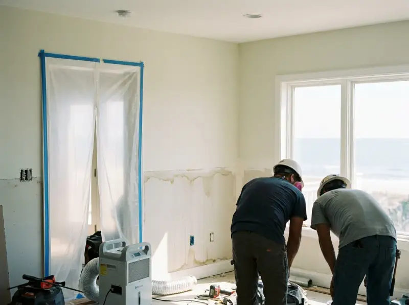 Plastic containment with a negative air machine and flood-cut drywall in Huntington Beach, California