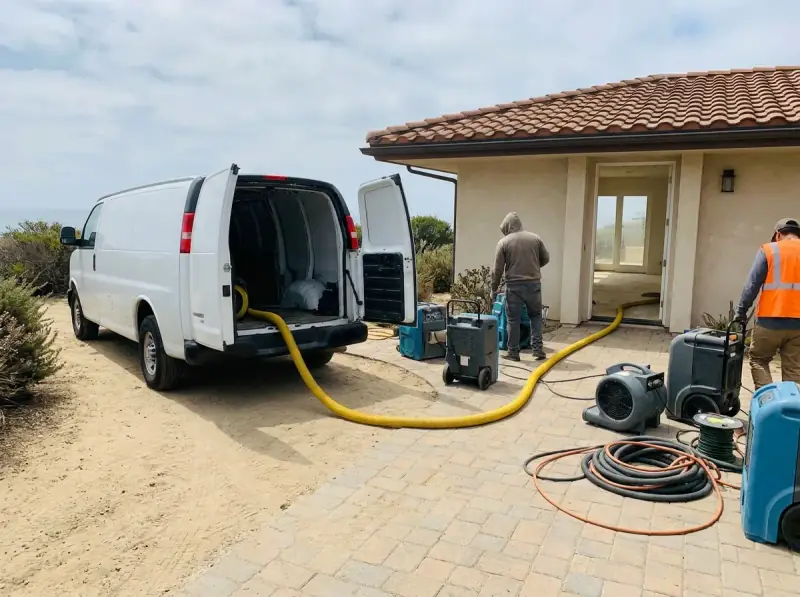 Restoration van staged with extraction hose run to the property in Huntington Beach, California