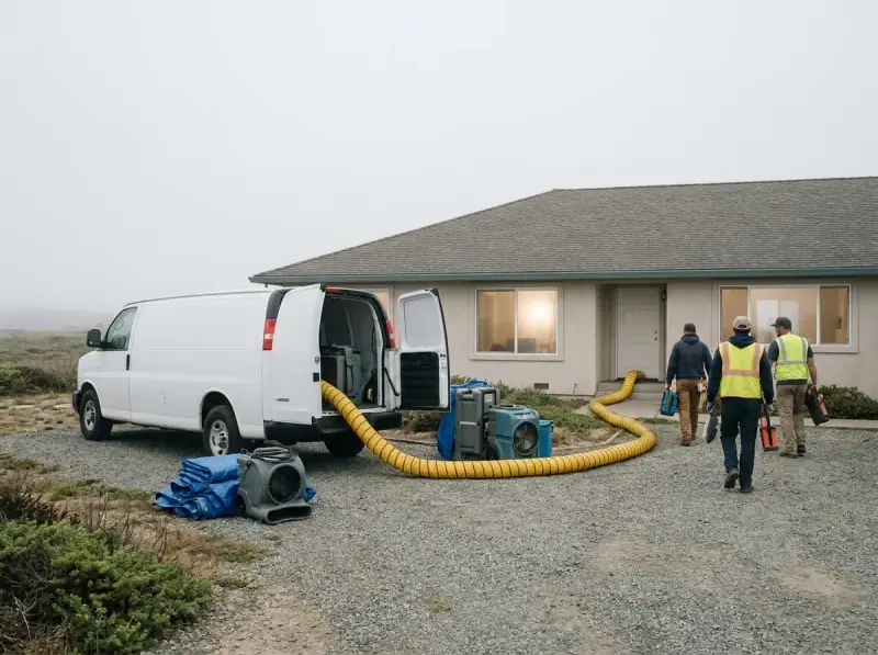 Restoration van staged with extraction hose run to the property in Oxnard, California