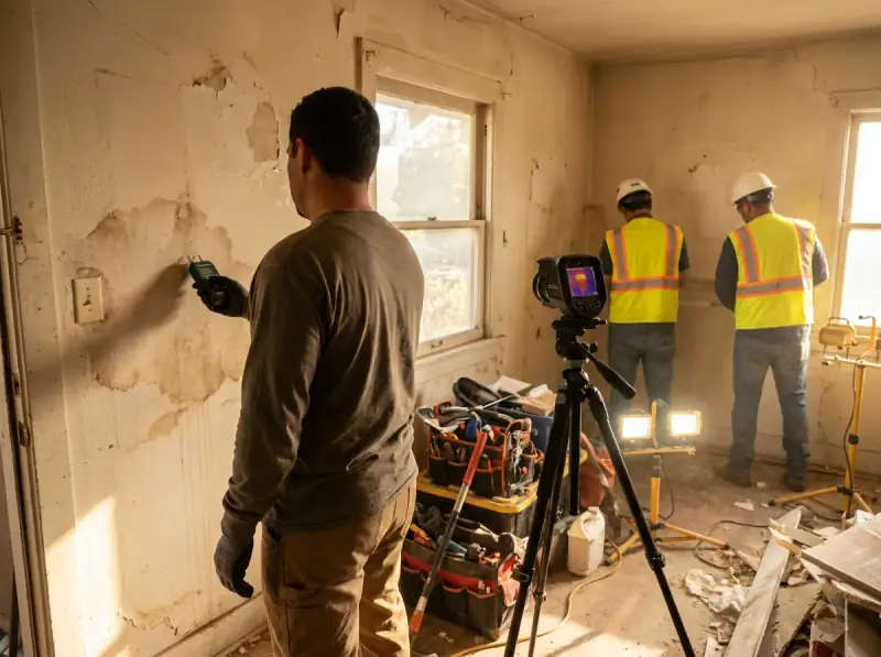 Technician taking a moisture meter reading on a water-damaged wall in Pomona, California