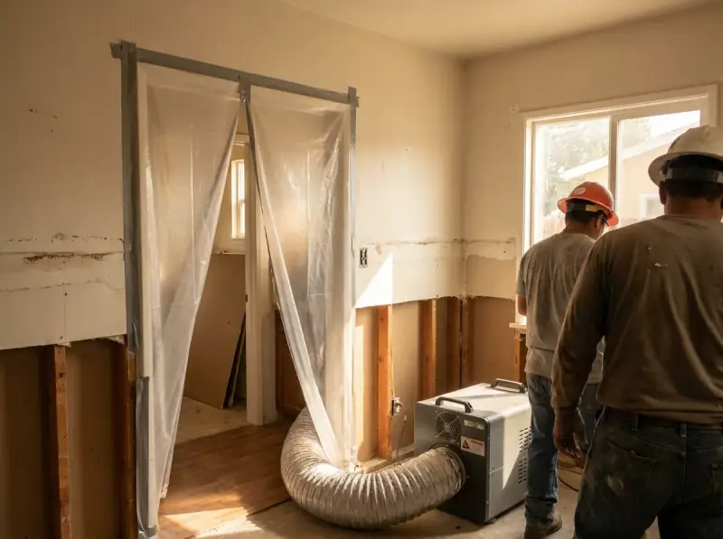 Plastic containment with a negative air machine and flood-cut drywall in Pomona, California