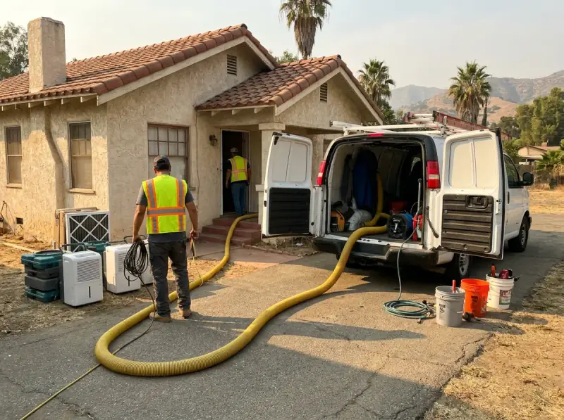 Restoration van staged with extraction hose run to the property in Pomona, California