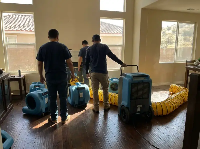 Commercial air movers and an LGR dehumidifier running on a wet floor in Rancho Cucamonga, California