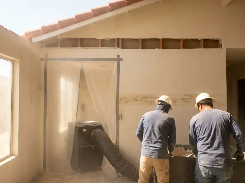Plastic containment with a negative air machine and flood-cut drywall in Rancho Cucamonga, California
