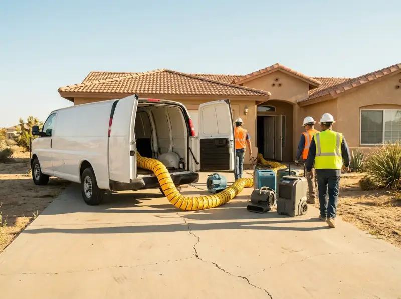 Restoration van staged with extraction hose run to the property in Rancho Cucamonga, California
