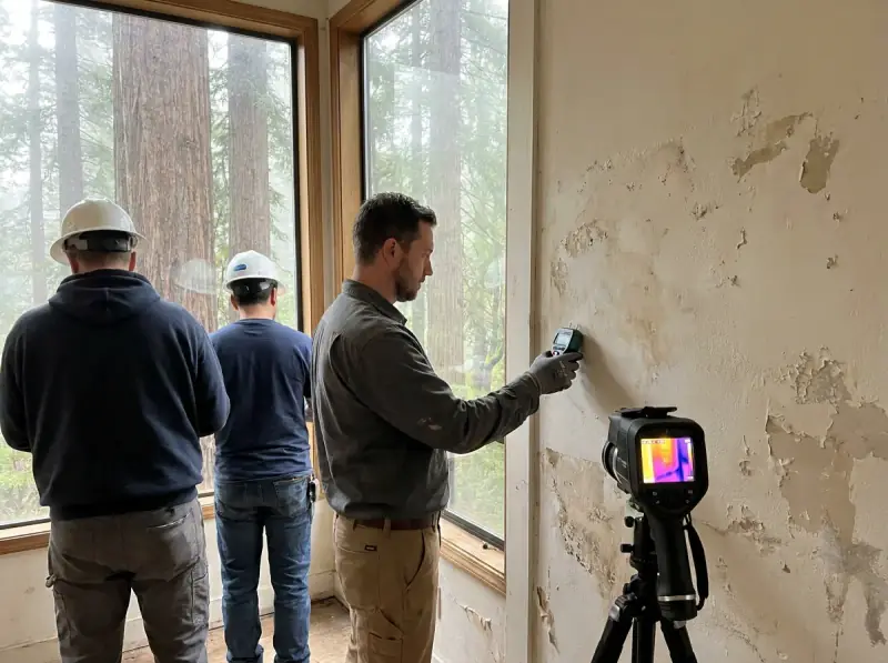 Technician taking a moisture meter reading on a water-damaged wall in San Rafael, California