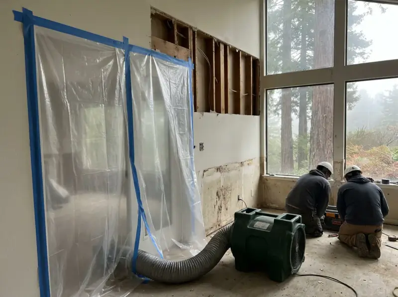 Plastic containment with a negative air machine and flood-cut drywall in San Rafael, California