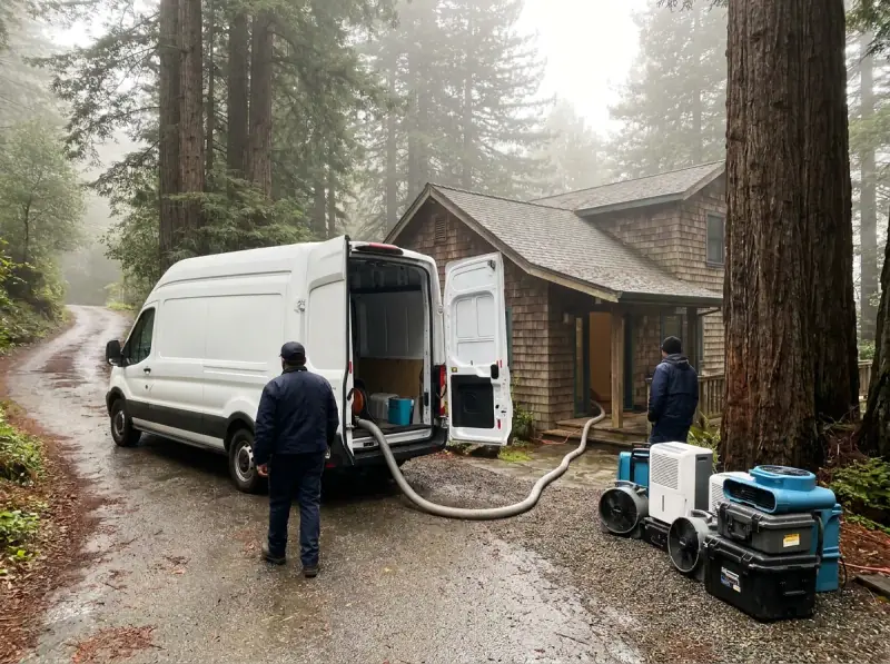 Restoration van staged with extraction hose run to the property in San Rafael, California