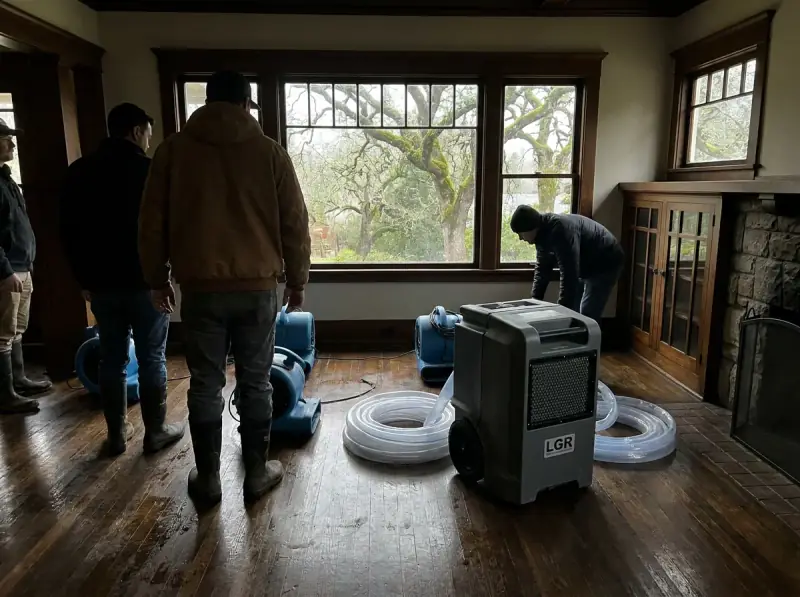 Commercial air movers and an LGR dehumidifier running on a wet floor in Santa Rosa, California