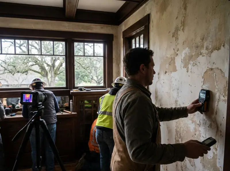 Technician taking a moisture meter reading on a water-damaged wall in Santa Rosa, California