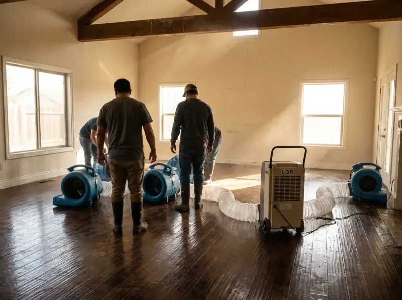 Commercial air movers and an LGR dehumidifier running on a wet floor in Stockton, California
