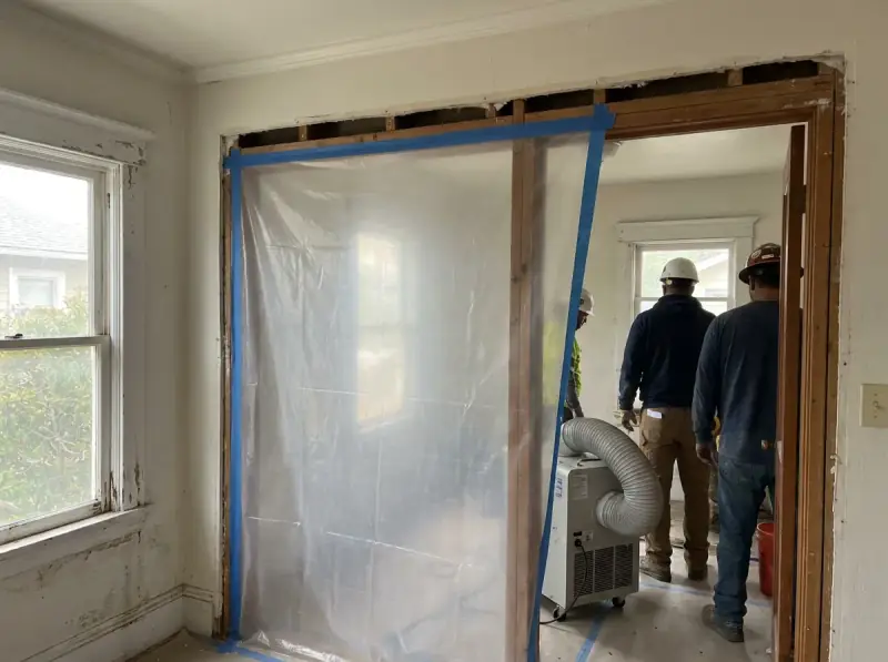 Plastic containment with a negative air machine and flood-cut drywall in Ventura, California