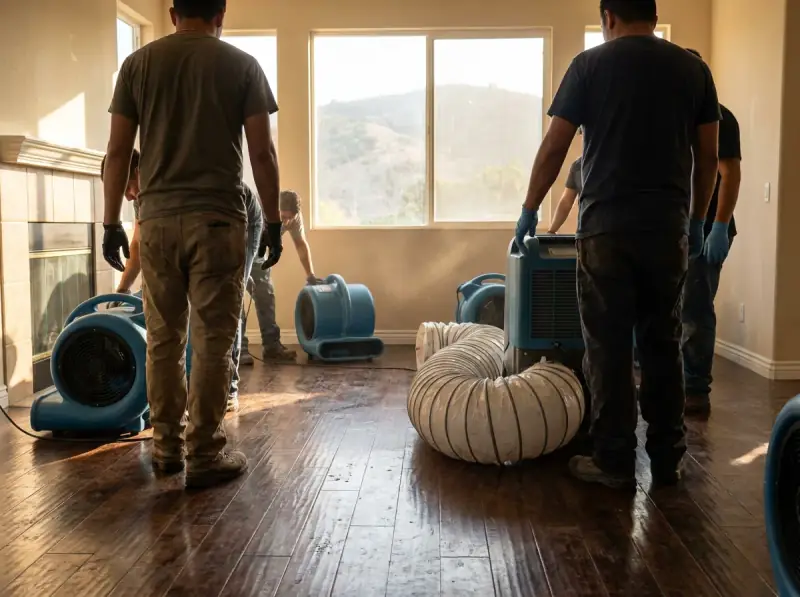 Commercial air movers and an LGR dehumidifier running on a wet floor in Walnut, California