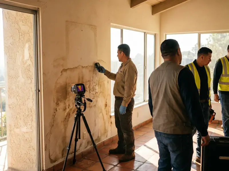 Technician taking a moisture meter reading on a water-damaged wall in Walnut, California