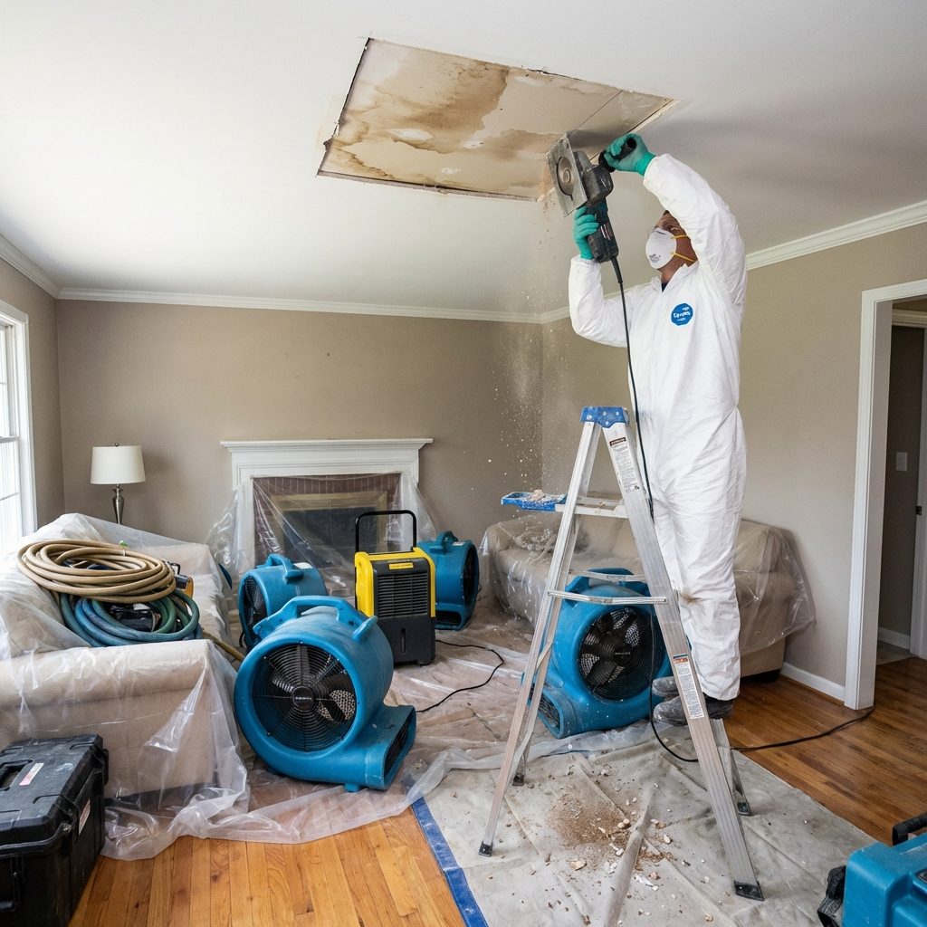 Water-stained ceiling opened up for drying