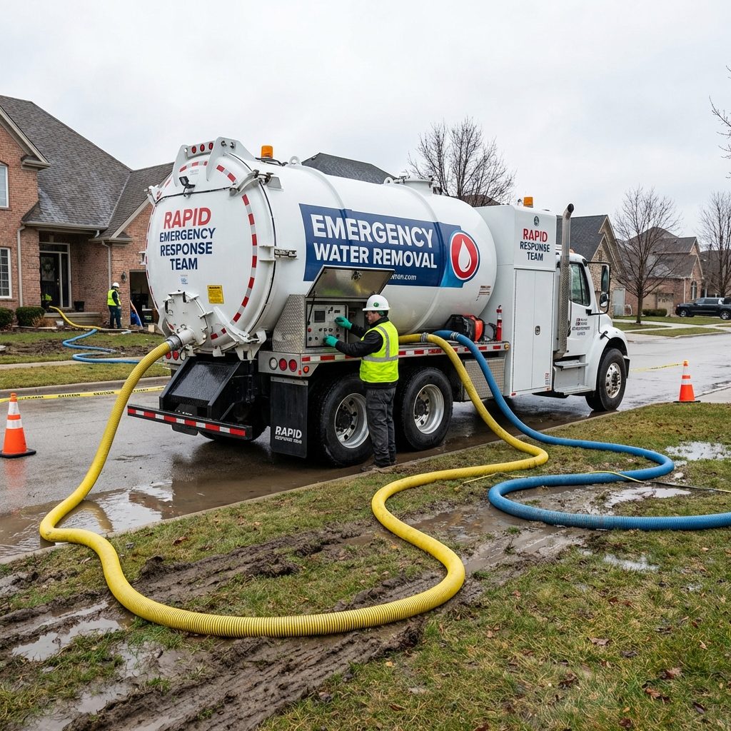 Standing water being extracted from a flooded floor